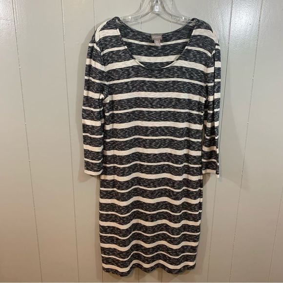 Chico's Black Beige Striped Cotton Modal Stretchy 3/4 Sleeve Career Dress 4 S 0 - Picture 1 of 9